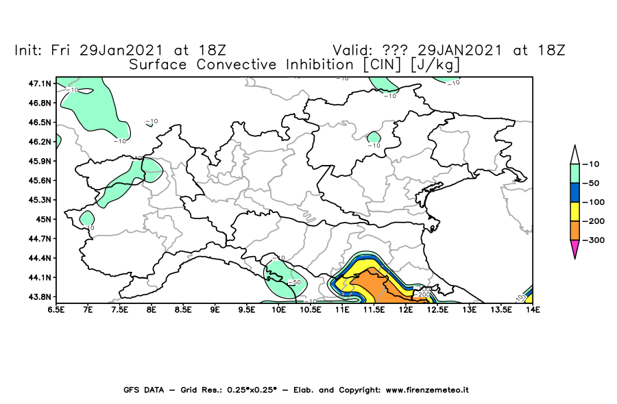 Mappa di analisi GFS - CIN [J/kg] in Nord-Italia
									del 29/01/2021 18 <!--googleoff: index-->UTC<!--googleon: index-->