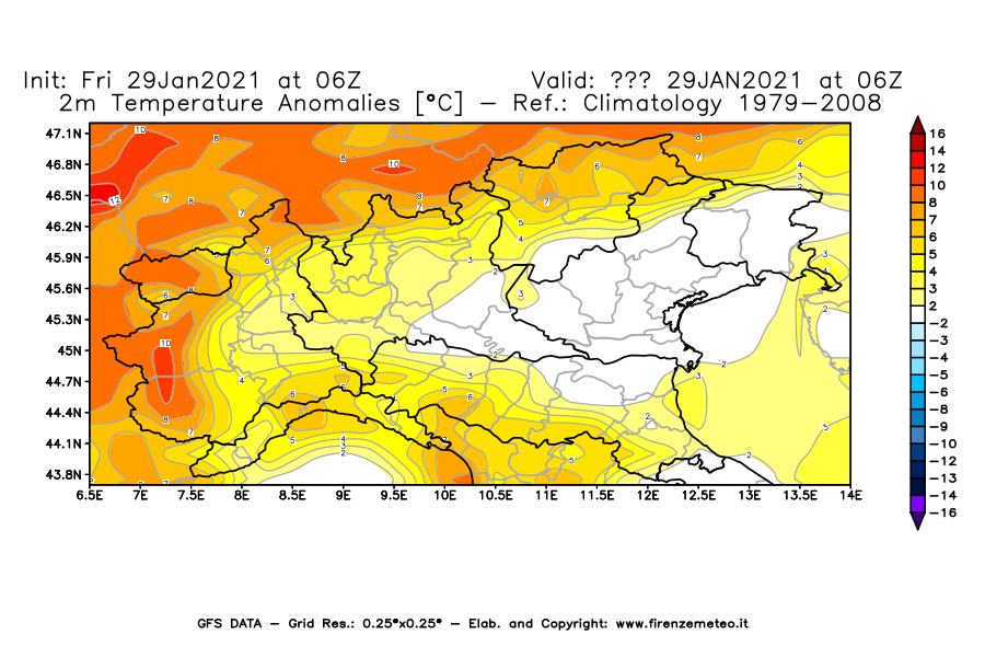 Mappa di analisi GFS - Anomalia Temperatura [°C] a 2 m in Nord-Italia
							del 29/01/2021 06 <!--googleoff: index-->UTC<!--googleon: index-->