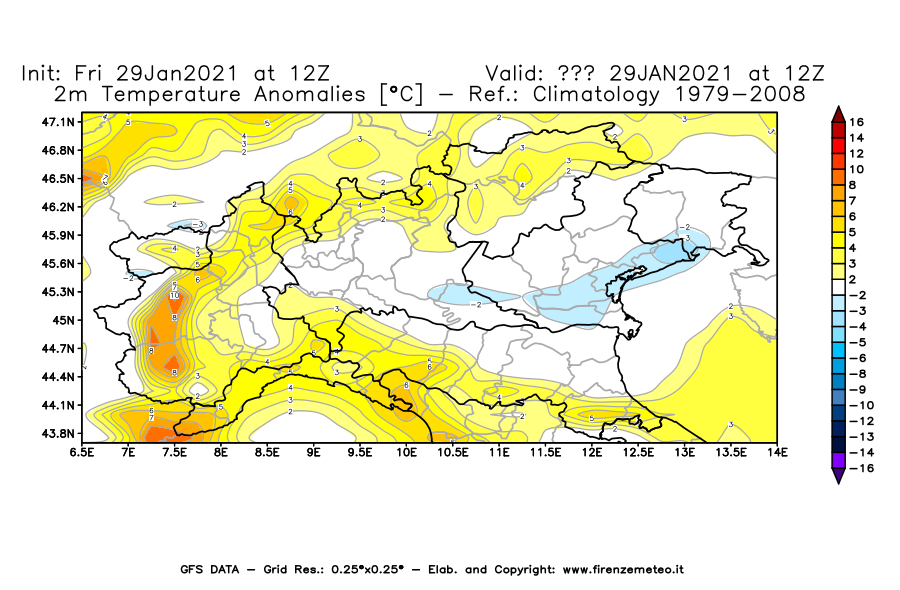 Mappa di analisi GFS - Anomalia Temperatura [°C] a 2 m in Nord-Italia
									del 29/01/2021 12 <!--googleoff: index-->UTC<!--googleon: index-->