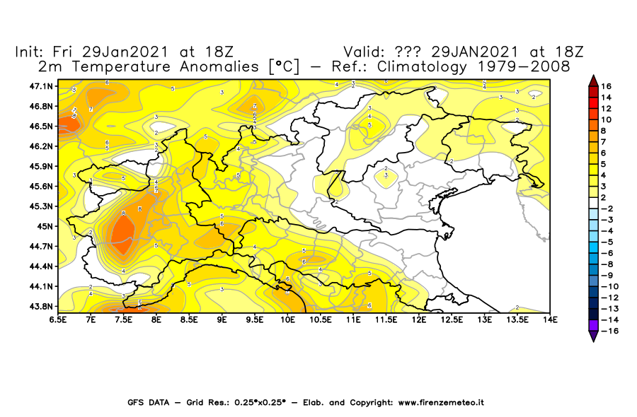 Mappa di analisi GFS - Anomalia Temperatura [°C] a 2 m in Nord-Italia
							del 29/01/2021 18 <!--googleoff: index-->UTC<!--googleon: index-->