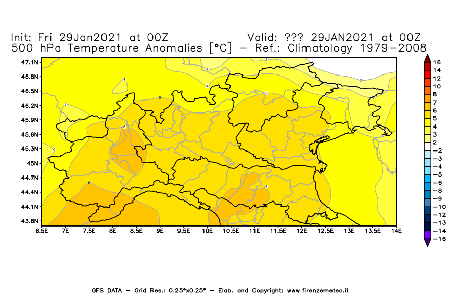 Mappa di analisi GFS - Anomalia Temperatura [°C] a 500 hPa in Nord-Italia
									del 29/01/2021 00 <!--googleoff: index-->UTC<!--googleon: index-->