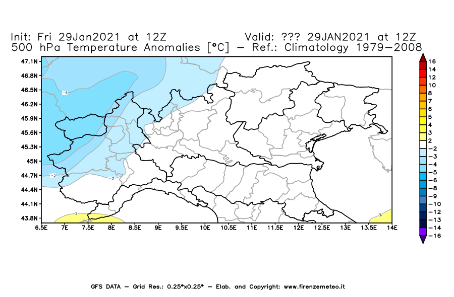 Mappa di analisi GFS - Anomalia Temperatura [°C] a 500 hPa in Nord-Italia
							del 29/01/2021 12 <!--googleoff: index-->UTC<!--googleon: index-->