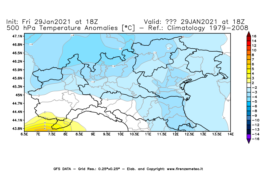 Mappa di analisi GFS - Anomalia Temperatura [°C] a 500 hPa in Nord-Italia
							del 29/01/2021 18 <!--googleoff: index-->UTC<!--googleon: index-->