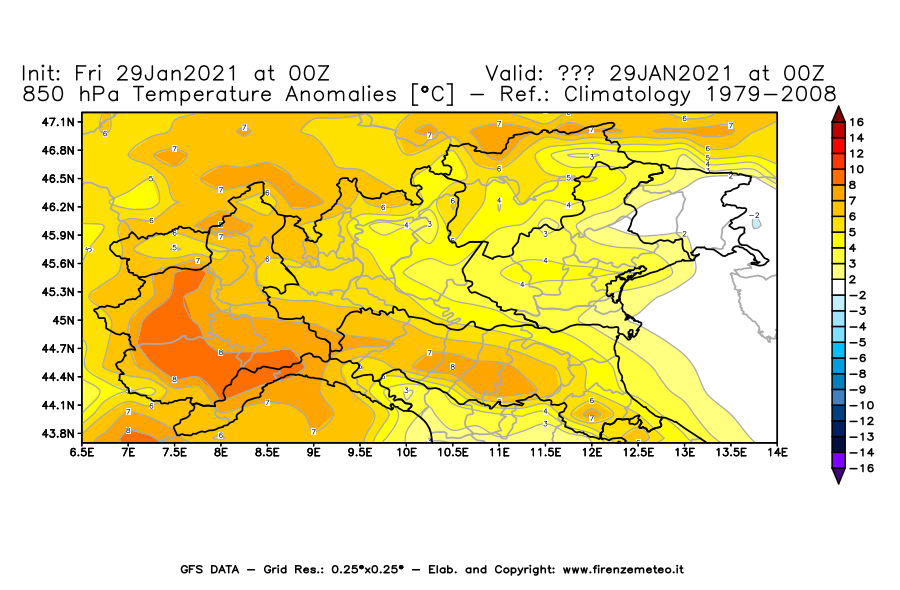 Mappa di analisi GFS - Anomalia Temperatura [°C] a 850 hPa in Nord-Italia
							del 29/01/2021 00 <!--googleoff: index-->UTC<!--googleon: index-->