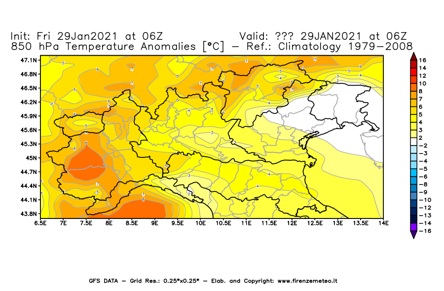Mappa di analisi GFS - Anomalia Temperatura [°C] a 850 hPa in Nord-Italia
							del 29/01/2021 06 <!--googleoff: index-->UTC<!--googleon: index-->