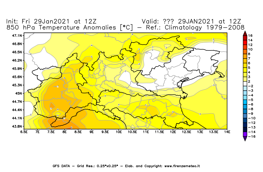 Mappa di analisi GFS - Anomalia Temperatura [°C] a 850 hPa in Nord-Italia
							del 29/01/2021 12 <!--googleoff: index-->UTC<!--googleon: index-->