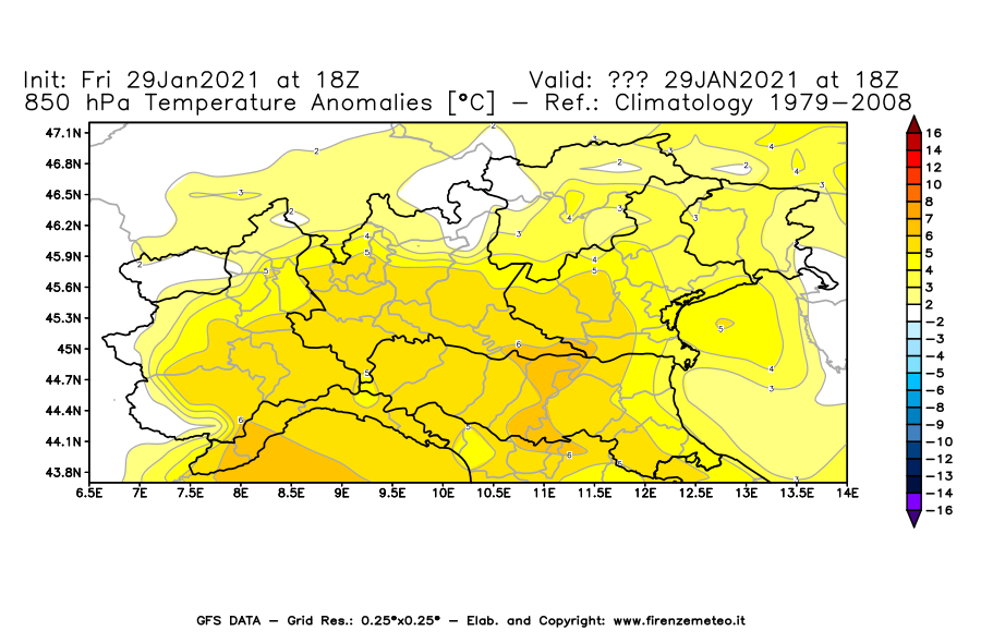 Mappa di analisi GFS - Anomalia Temperatura [°C] a 850 hPa in Nord-Italia
									del 29/01/2021 18 <!--googleoff: index-->UTC<!--googleon: index-->