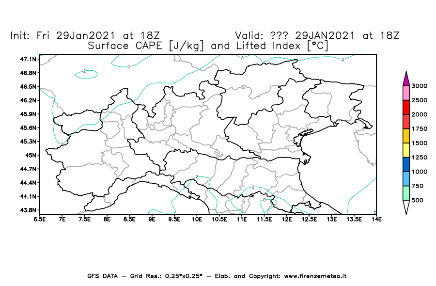 Mappa di analisi GFS - CAPE [J/kg] e Lifted Index [°C] in Nord-Italia
							del 29/01/2021 18 <!--googleoff: index-->UTC<!--googleon: index-->