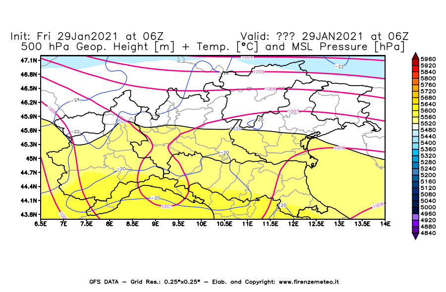 Mappa di analisi GFS - Geopotenziale [m] + Temp. [°C] a 500 hPa + Press. a livello del mare [hPa] in Nord-Italia
							del 29/01/2021 06 <!--googleoff: index-->UTC<!--googleon: index-->