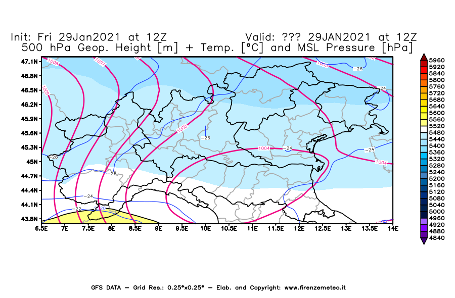 Mappa di analisi GFS - Geopotenziale [m] + Temp. [°C] a 500 hPa + Press. a livello del mare [hPa] in Nord-Italia
									del 29/01/2021 12 <!--googleoff: index-->UTC<!--googleon: index-->
