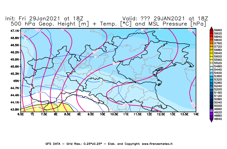 Mappa di analisi GFS - Geopotenziale [m] + Temp. [°C] a 500 hPa + Press. a livello del mare [hPa] in Nord-Italia
							del 29/01/2021 18 <!--googleoff: index-->UTC<!--googleon: index-->