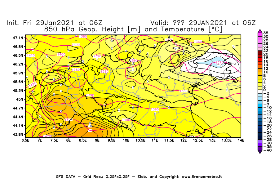 Mappa di analisi GFS - Geopotenziale [m] e Temperatura [°C] a 850 hPa in Nord-Italia
									del 29/01/2021 06 <!--googleoff: index-->UTC<!--googleon: index-->