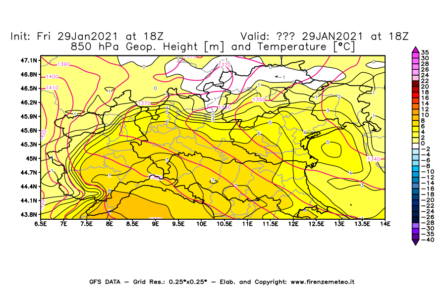Mappa di analisi GFS - Geopotenziale [m] e Temperatura [°C] a 850 hPa in Nord-Italia
									del 29/01/2021 18 <!--googleoff: index-->UTC<!--googleon: index-->