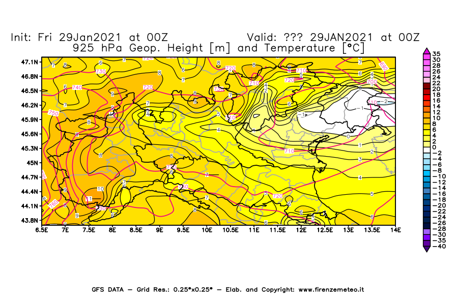 Mappa di analisi GFS - Geopotenziale [m] e Temperatura [°C] a 925 hPa in Nord-Italia
									del 29/01/2021 00 <!--googleoff: index-->UTC<!--googleon: index-->