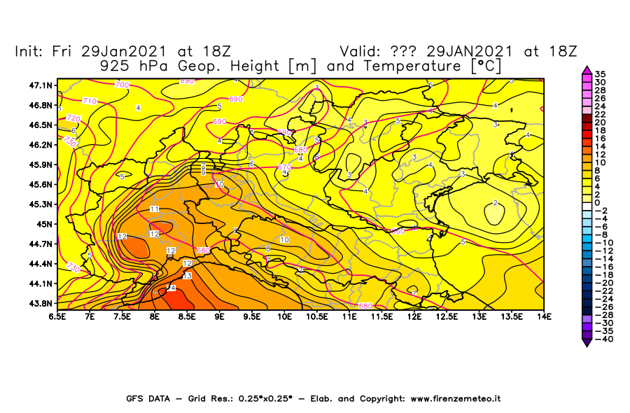 Mappa di analisi GFS - Geopotenziale [m] e Temperatura [°C] a 925 hPa in Nord-Italia
									del 29/01/2021 18 <!--googleoff: index-->UTC<!--googleon: index-->