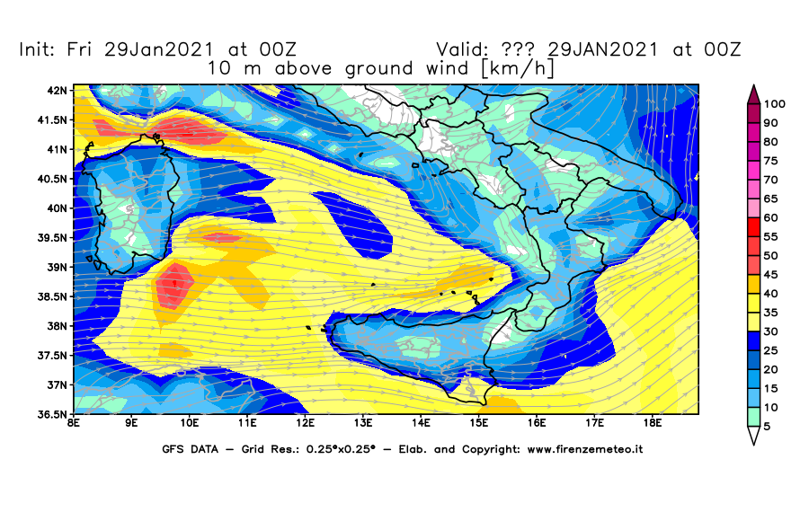 Mappa di analisi GFS - Velocità del vento a 10 metri dal suolo [km/h] in Sud-Italia
							del 29/01/2021 00 <!--googleoff: index-->UTC<!--googleon: index-->