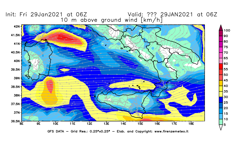 Mappa di analisi GFS - Velocità del vento a 10 metri dal suolo [km/h] in Sud-Italia
							del 29/01/2021 06 <!--googleoff: index-->UTC<!--googleon: index-->