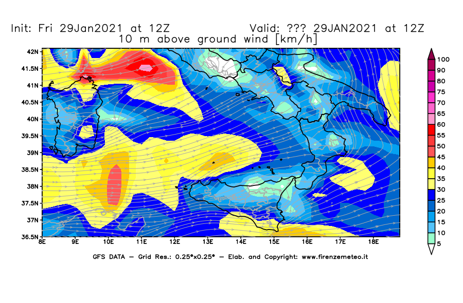 Mappa di analisi GFS - Velocità del vento a 10 metri dal suolo [km/h] in Sud-Italia
							del 29/01/2021 12 <!--googleoff: index-->UTC<!--googleon: index-->