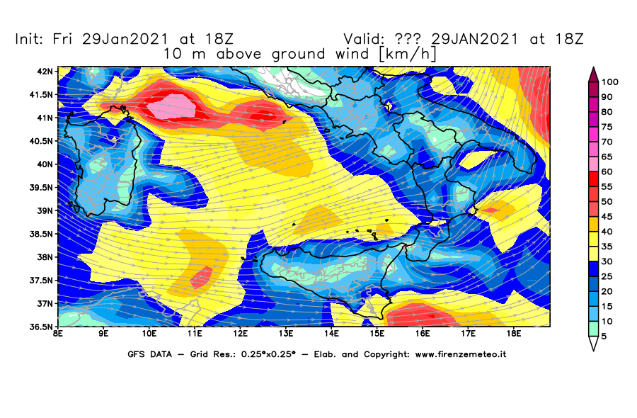 Mappa di analisi GFS - Velocità del vento a 10 metri dal suolo [km/h] in Sud-Italia
									del 29/01/2021 18 <!--googleoff: index-->UTC<!--googleon: index-->