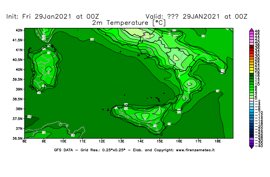 Mappa di analisi GFS - Temperatura a 2 metri dal suolo [°C] in Sud-Italia
									del 29/01/2021 00 <!--googleoff: index-->UTC<!--googleon: index-->
