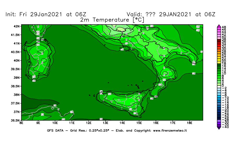 Mappa di analisi GFS - Temperatura a 2 metri dal suolo [°C] in Sud-Italia
							del 29/01/2021 06 <!--googleoff: index-->UTC<!--googleon: index-->