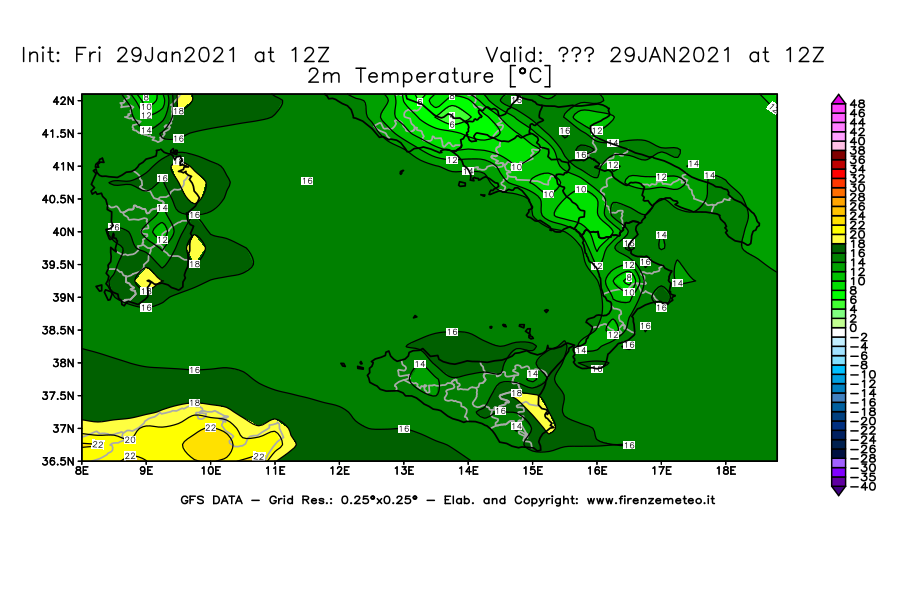 Mappa di analisi GFS - Temperatura a 2 metri dal suolo [°C] in Sud-Italia
							del 29/01/2021 12 <!--googleoff: index-->UTC<!--googleon: index-->