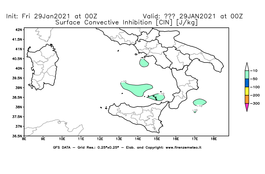 Mappa di analisi GFS - CIN [J/kg] in Sud-Italia
									del 29/01/2021 00 <!--googleoff: index-->UTC<!--googleon: index-->