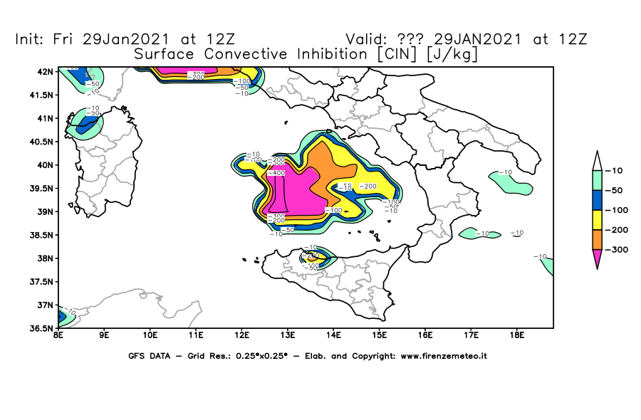Mappa di analisi GFS - CIN [J/kg] in Sud-Italia
							del 29/01/2021 12 <!--googleoff: index-->UTC<!--googleon: index-->