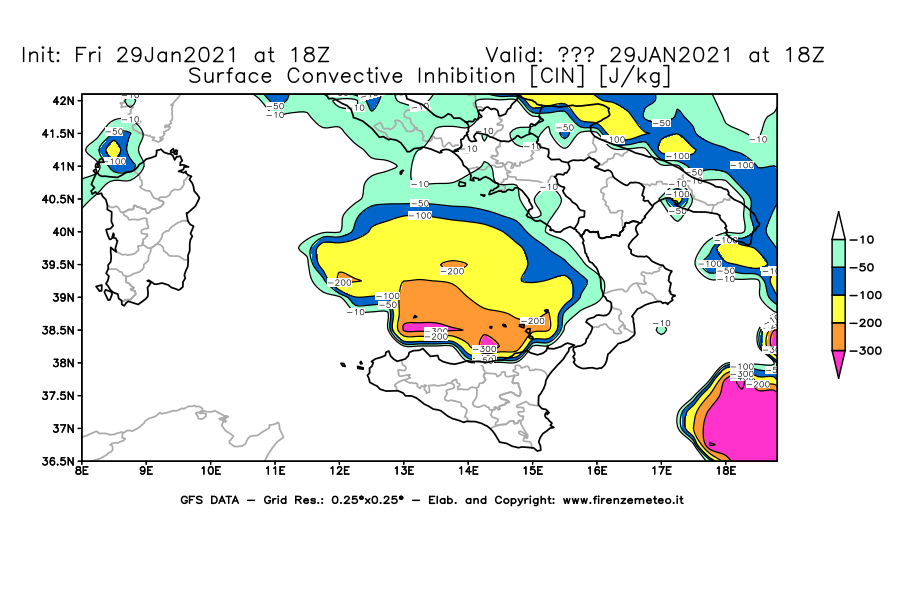 Mappa di analisi GFS - CIN [J/kg] in Sud-Italia
									del 29/01/2021 18 <!--googleoff: index-->UTC<!--googleon: index-->