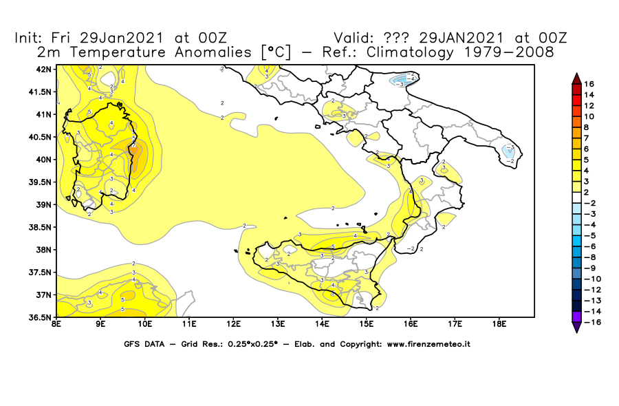 Mappa di analisi GFS - Anomalia Temperatura [°C] a 2 m in Sud-Italia
									del 29/01/2021 00 <!--googleoff: index-->UTC<!--googleon: index-->