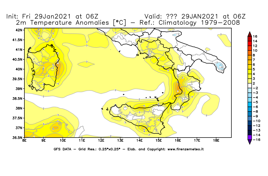 Mappa di analisi GFS - Anomalia Temperatura [°C] a 2 m in Sud-Italia
									del 29/01/2021 06 <!--googleoff: index-->UTC<!--googleon: index-->