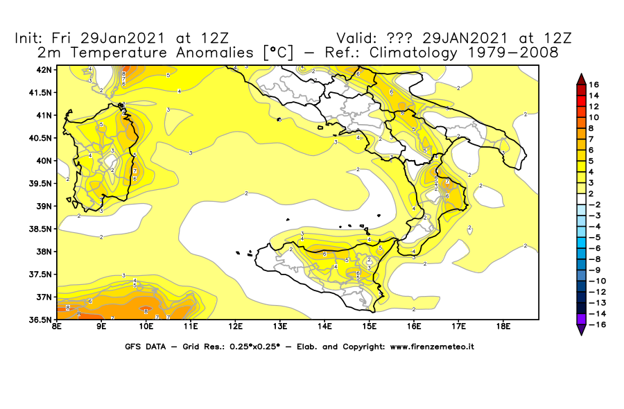 Mappa di analisi GFS - Anomalia Temperatura [°C] a 2 m in Sud-Italia
									del 29/01/2021 12 <!--googleoff: index-->UTC<!--googleon: index-->