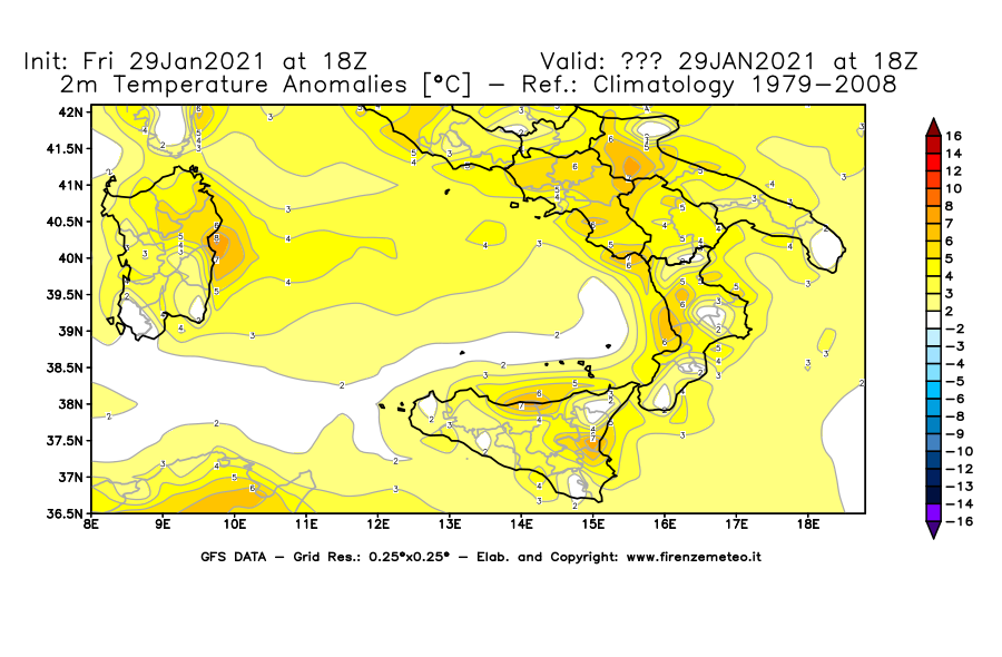 Mappa di analisi GFS - Anomalia Temperatura [°C] a 2 m in Sud-Italia
							del 29/01/2021 18 <!--googleoff: index-->UTC<!--googleon: index-->