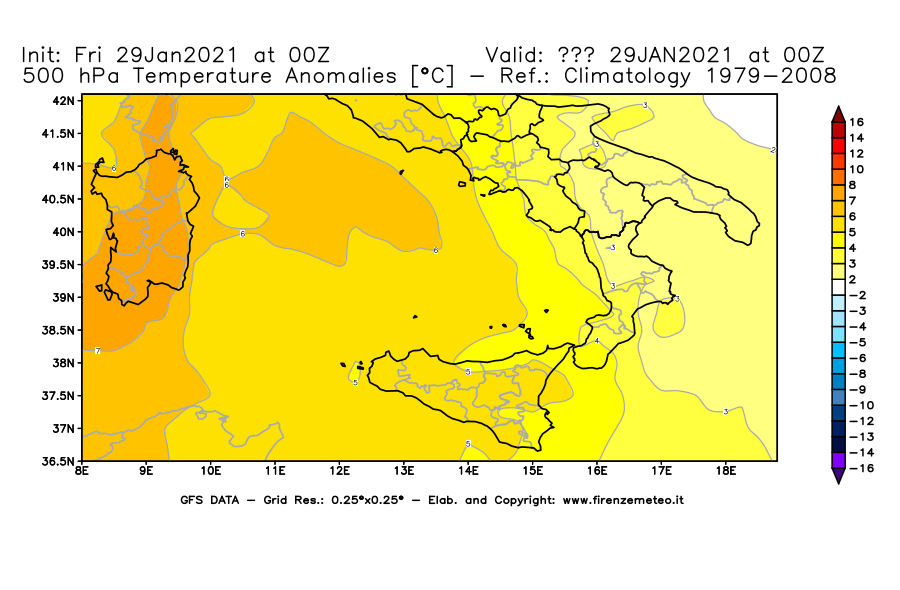 Mappa di analisi GFS - Anomalia Temperatura [°C] a 500 hPa in Sud-Italia
							del 29/01/2021 00 <!--googleoff: index-->UTC<!--googleon: index-->