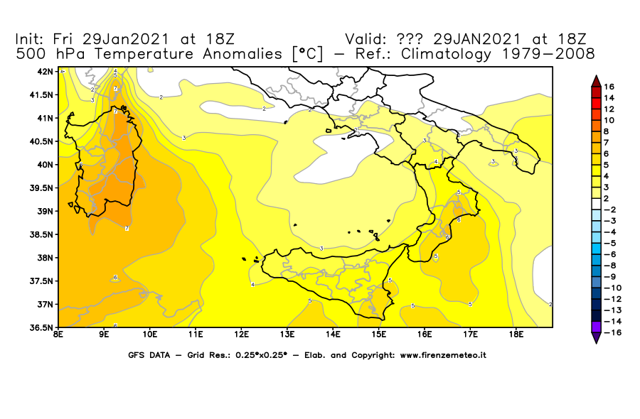Mappa di analisi GFS - Anomalia Temperatura [°C] a 500 hPa in Sud-Italia
							del 29/01/2021 18 <!--googleoff: index-->UTC<!--googleon: index-->
