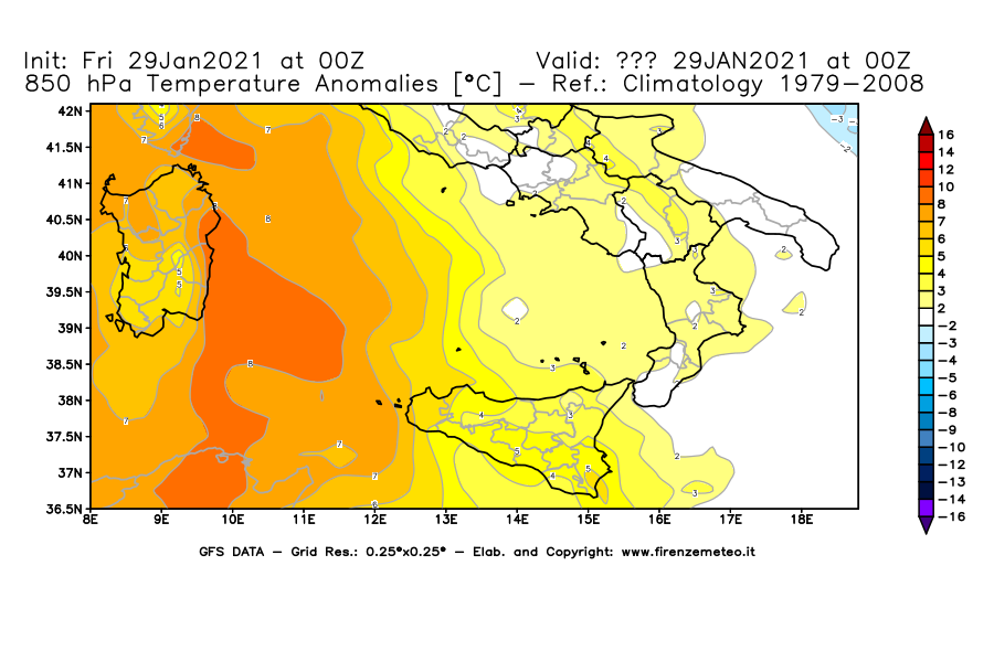 Mappa di analisi GFS - Anomalia Temperatura [°C] a 850 hPa in Sud-Italia
							del 29/01/2021 00 <!--googleoff: index-->UTC<!--googleon: index-->