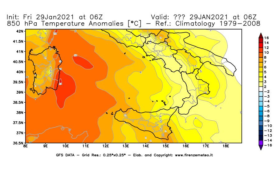 Mappa di analisi GFS - Anomalia Temperatura [°C] a 850 hPa in Sud-Italia
							del 29/01/2021 06 <!--googleoff: index-->UTC<!--googleon: index-->