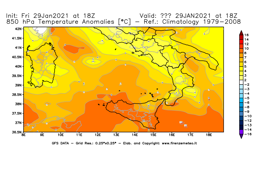 Mappa di analisi GFS - Anomalia Temperatura [°C] a 850 hPa in Sud-Italia
									del 29/01/2021 18 <!--googleoff: index-->UTC<!--googleon: index-->