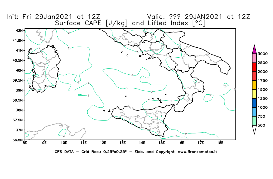 Mappa di analisi GFS - CAPE [J/kg] e Lifted Index [°C] in Sud-Italia
									del 29/01/2021 12 <!--googleoff: index-->UTC<!--googleon: index-->