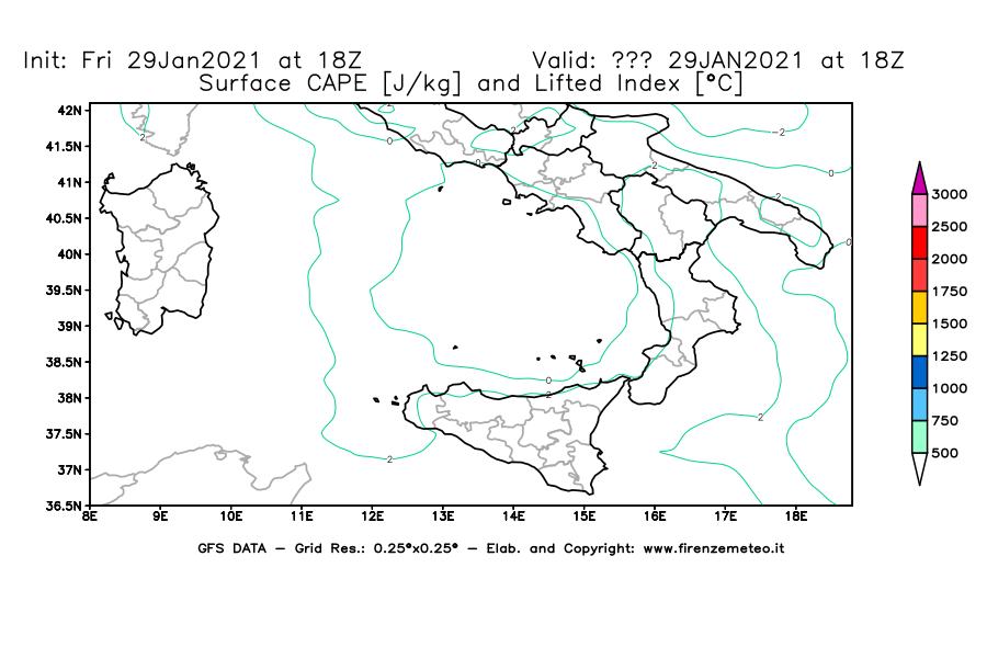 Mappa di analisi GFS - CAPE [J/kg] e Lifted Index [°C] in Sud-Italia
							del 29/01/2021 18 <!--googleoff: index-->UTC<!--googleon: index-->