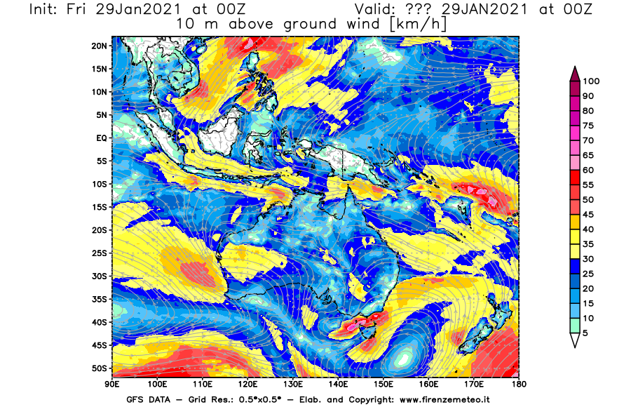 Mappa di analisi GFS - Velocità del vento a 10 metri dal suolo [km/h] in Oceania
									del 29/01/2021 00 <!--googleoff: index-->UTC<!--googleon: index-->