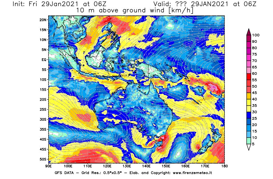 Mappa di analisi GFS - Velocità del vento a 10 metri dal suolo [km/h] in Oceania
							del 29/01/2021 06 <!--googleoff: index-->UTC<!--googleon: index-->