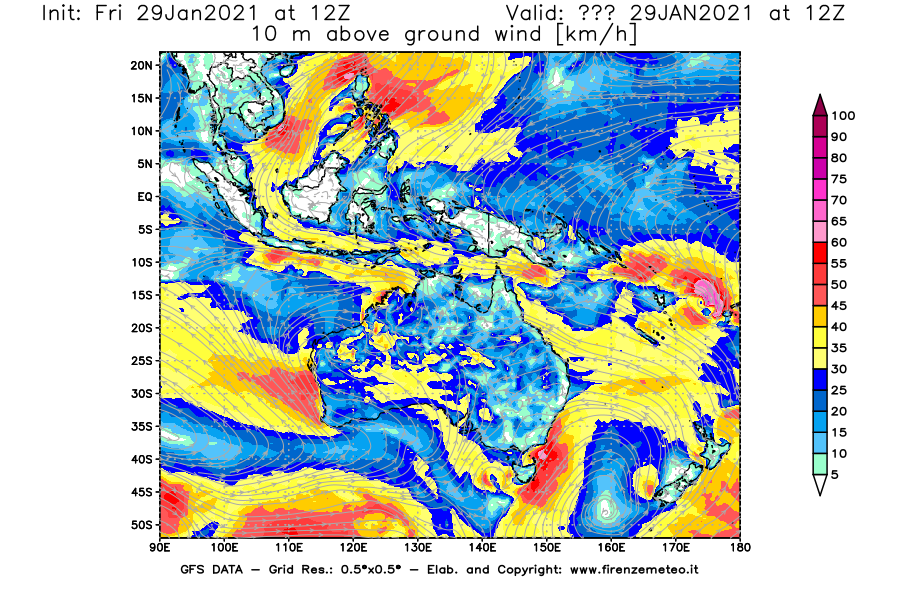 Mappa di analisi GFS - Velocità del vento a 10 metri dal suolo [km/h] in Oceania
							del 29/01/2021 12 <!--googleoff: index-->UTC<!--googleon: index-->