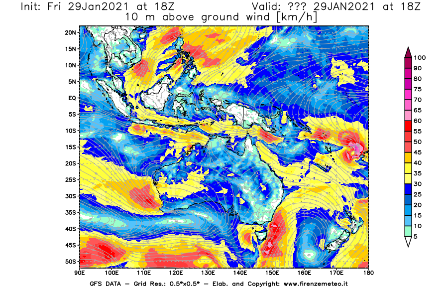 Mappa di analisi GFS - Velocità del vento a 10 metri dal suolo [km/h] in Oceania
									del 29/01/2021 18 <!--googleoff: index-->UTC<!--googleon: index-->