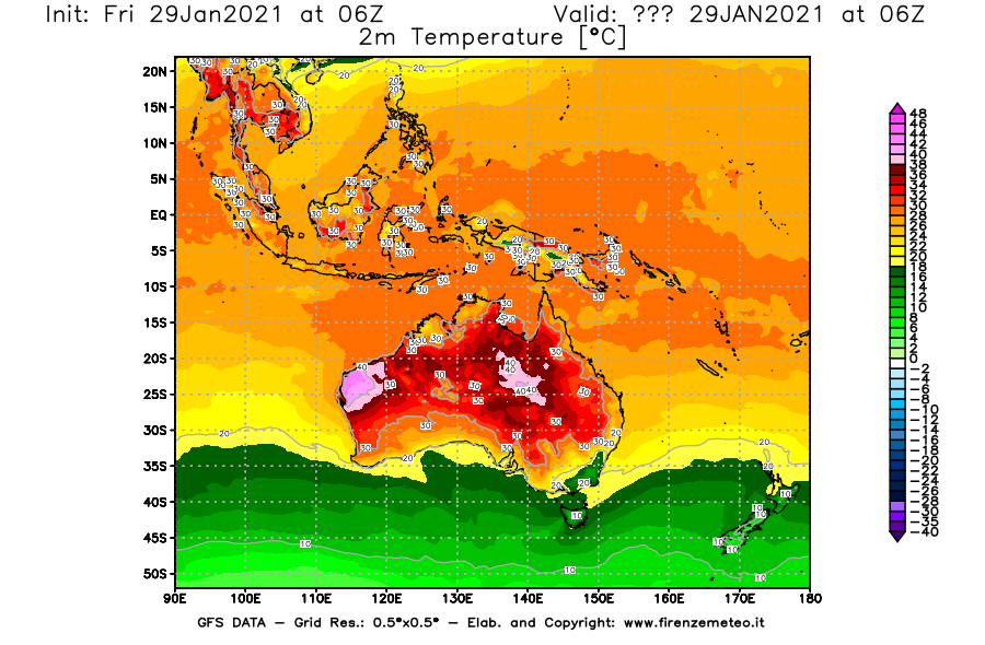 Mappa di analisi GFS - Temperatura a 2 metri dal suolo [°C] in Oceania
							del 29/01/2021 06 <!--googleoff: index-->UTC<!--googleon: index-->