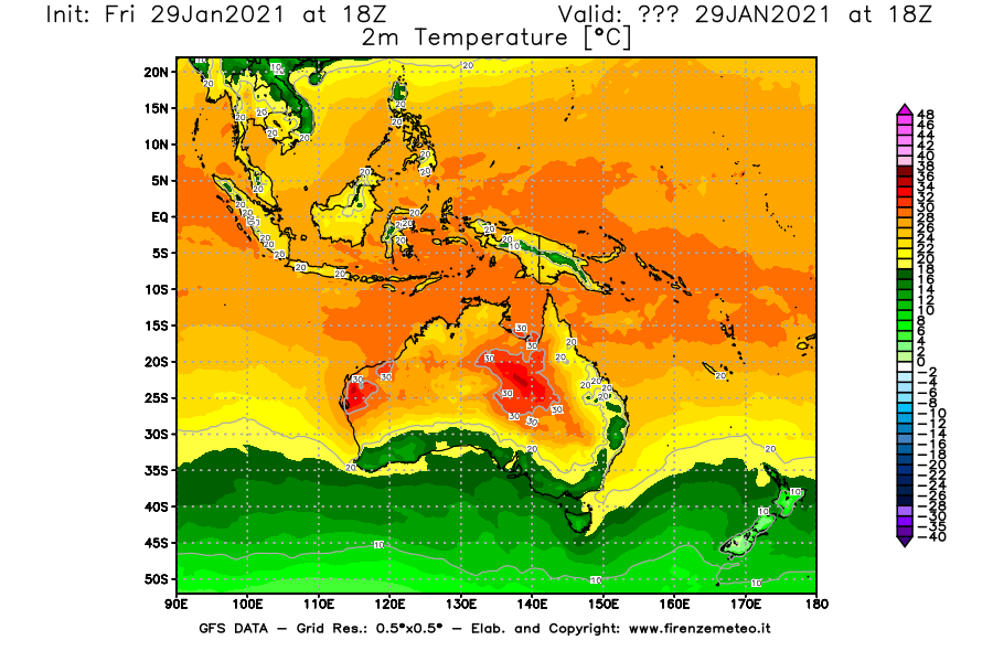 Mappa di analisi GFS - Temperatura a 2 metri dal suolo [°C] in Oceania
							del 29/01/2021 18 <!--googleoff: index-->UTC<!--googleon: index-->