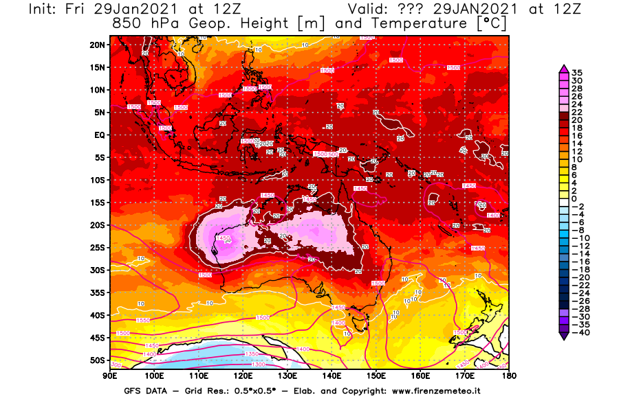 Mappa di analisi GFS - Geopotenziale [m] e Temperatura [°C] a 850 hPa in Oceania
							del 29/01/2021 12 <!--googleoff: index-->UTC<!--googleon: index-->