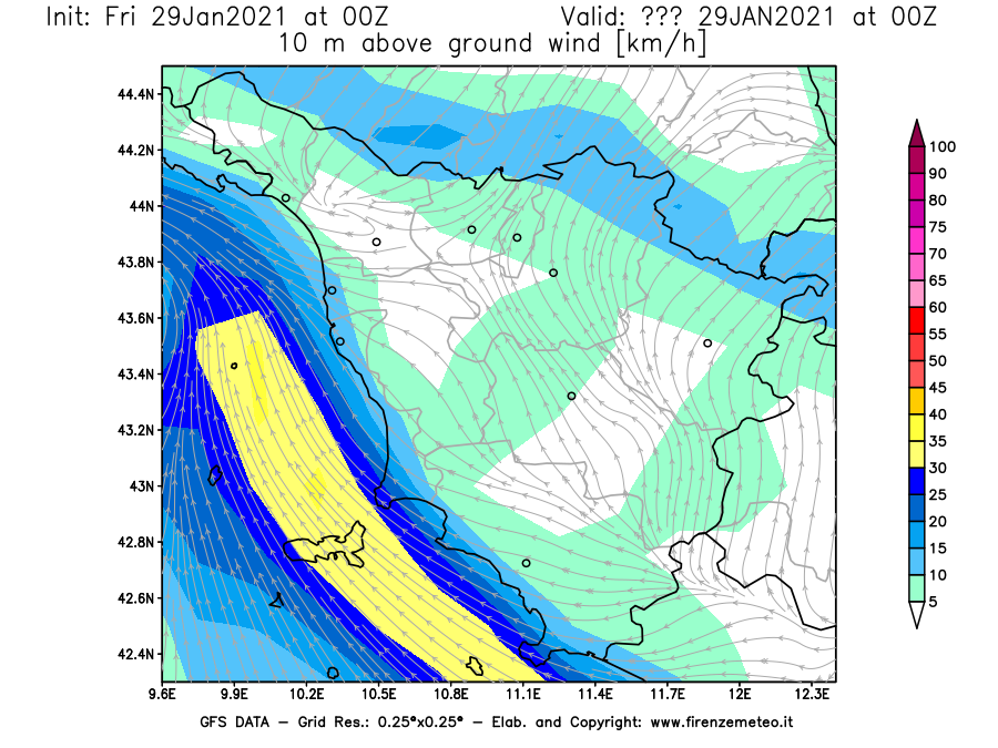 Mappa di analisi GFS - Velocità del vento a 10 metri dal suolo [km/h] in Toscana
									del 29/01/2021 00 <!--googleoff: index-->UTC<!--googleon: index-->