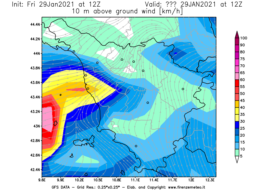 Mappa di analisi GFS - Velocità del vento a 10 metri dal suolo [km/h] in Toscana
									del 29/01/2021 12 <!--googleoff: index-->UTC<!--googleon: index-->