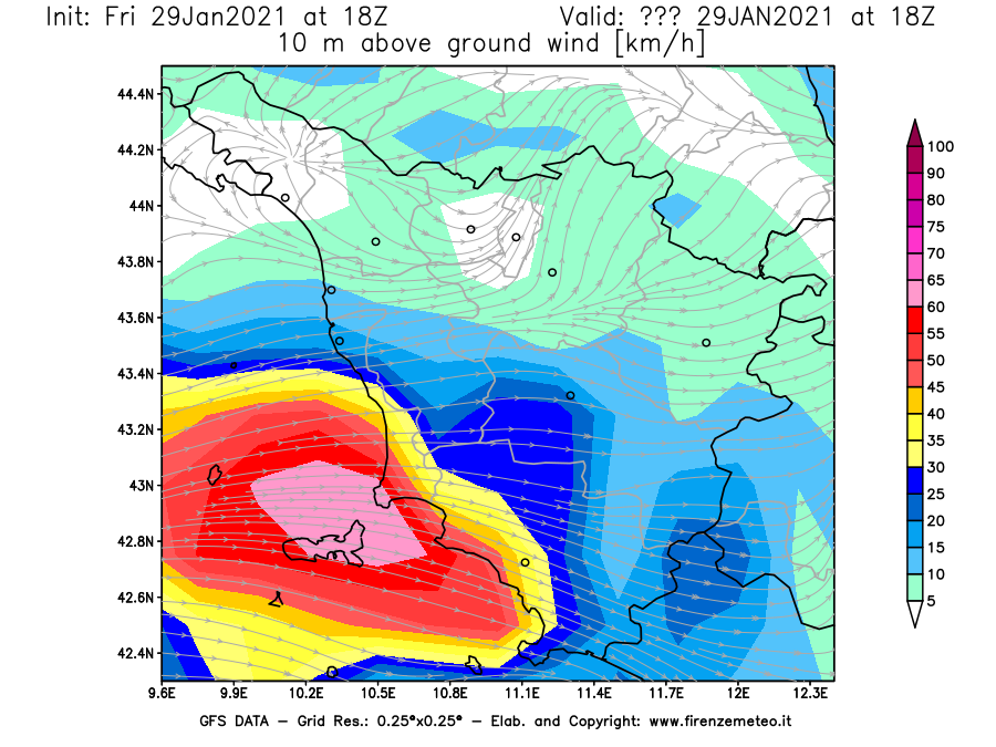 Mappa di analisi GFS - Velocità del vento a 10 metri dal suolo [km/h] in Toscana
									del 29/01/2021 18 <!--googleoff: index-->UTC<!--googleon: index-->